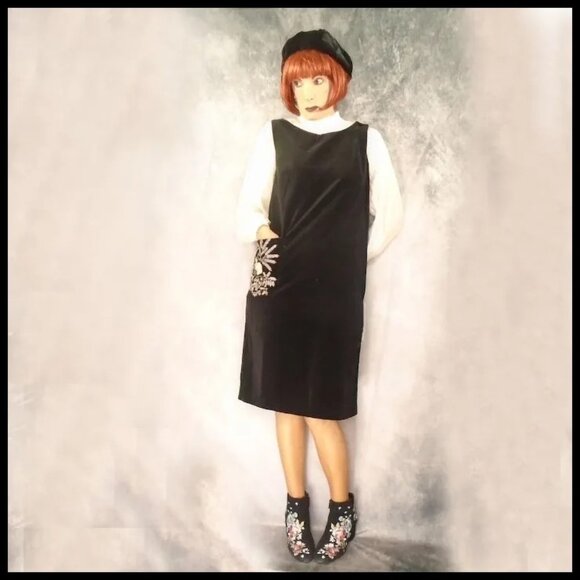 Black Velvet Dressy Shift, Dark Academia Vintage Jumper Dress Early 60s - Picture 7 of 16